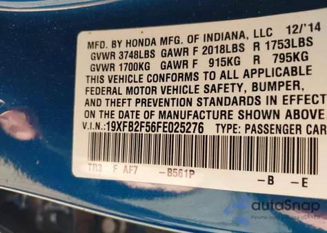 2015 Honda Civic Lx z USA, uszkodzony, nr VIN 19XFB2F56FE025276